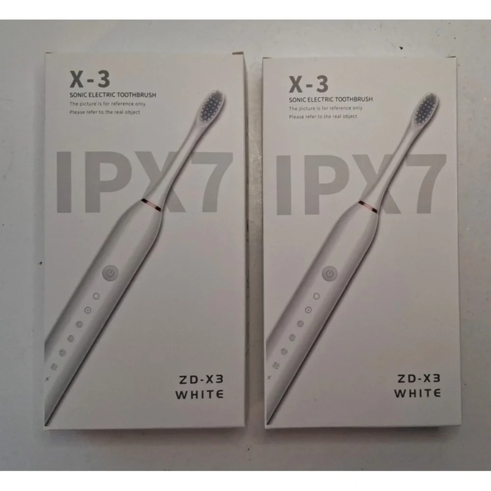 Lot of 2: X-3 IPX7 Sonic Electric Toothbrushes 4 Heads Ea USB Rechargeable White